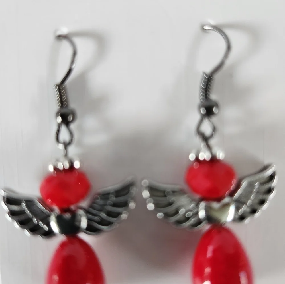 Hand Crafted Angel Earrings Red Silver Pierced Ears
